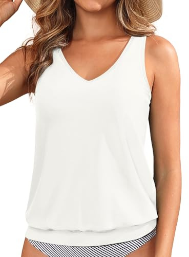 Blouson Tankini Tops for Women - Loose Fit Swim Top Only No Bottom Bathing Suit Modest Swimsuit Top 2025, White, L