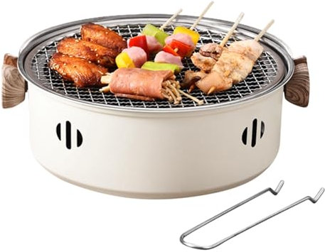 Petit barbecue au charbon de bois en acier inoxydable avec poignée en bois et grille, barbecue de table au charbon de bois pour l'intérieur et l'extérieur
