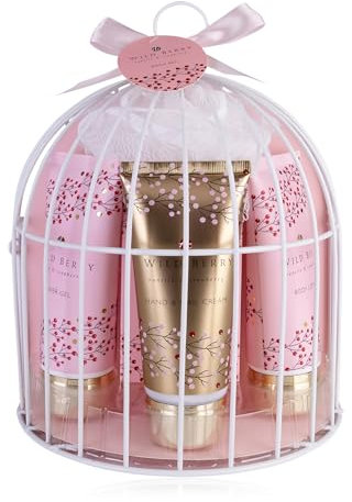 Accentra - Set doccia da donna Wild Berry in bella gabbia per uccelli, 5 pezzi, regalo con gel doccia, lozione per il corpo, sapone, crema per le mani e spugna a rete – Set benessere per donne e