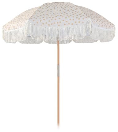 CRBUDY Parasol de Plage Portable de Petite Taille avec Franges de 6 Pieds, Parasol d'extérieur avec Protection UV et mât en Bois Pliable, auvent ventilé sur Le Dessus, Pois Jaunes (Pois Jaunes 180