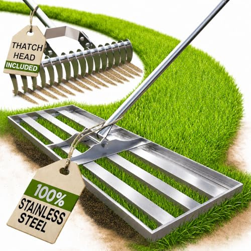 2in1 RasenRakel Edelstahl 80x30cm + vertikutierer Hand Rasen rake | Nivellierrechen mit stiel egalisierer rechen sanden Leveling aerifizierer gartenrakel planierrechen rasenglätter