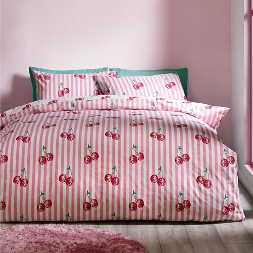 Catherine Lansfield Disco Cherries Stripes - Set copripiumino reversibile per letto matrimoniale con federe, colore: rosa