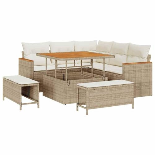 vidaXL Trädgårdsoffset 8 pcs Beige konstrotting, Trädgård och Terrass, Modernt Utemöbelset, Rattansoffor, Akaciabord, Avtagbara Kuddar, Soffa för Uteplats