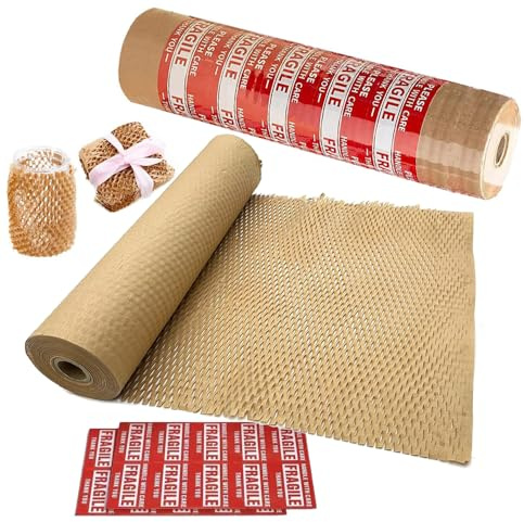 Honeycomb Packing Paper 15 W x 120' L Packing Paper for Moving Products & Gifts Honeycomb Wrapping Paper Recyclable and Biodegradable Cushioning Packing Material with 20 Fragile Stickers