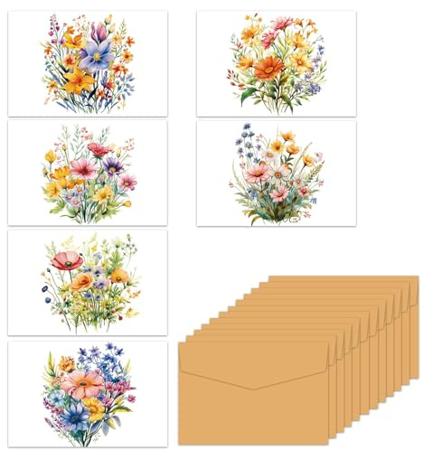 24 Pack Blank Cards and Envelopes, 6 Assorted Floral Blank Note Cards for Various Occasions, Multipack Greeting Card for Adults and Kids, 4 x 6