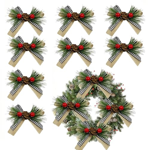 Set di 12 fiocchi natalizi in iuta con coni e bacche di agrifoglio vintage per ghirlande di albero di Natale, ornamenti fai da te, regali