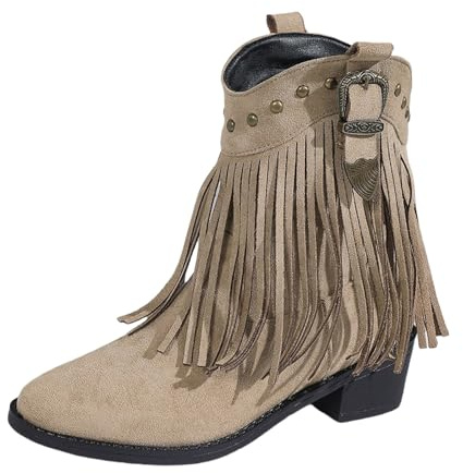 Genérico Botas Cowboy De Mujer con Flecos Elegantes Acabado Tipo Ante Comodas Bordado Tacon Ancho Casual Marrones Moda Vaquera Tipo Botas De Mujer Estilo Cowboy Ideales Para Temporada Otono Invierno.