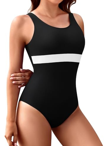 Vijamiy Maillot Bain Femme 1 Piece Sport Swimwear Push Up Rembourré Maillot De Bain Dos Nu Résistant au Chlore et Grand Teint Piscine de Plage(Noir et Blanc,L)