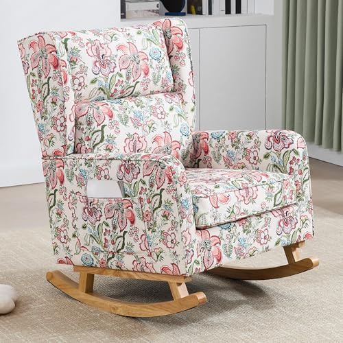 HCHAIRH Nursery Rocking Chairs, Rocking Chair Nursery for Mom Nursery Rocker with High Backrest and Solid Wood Legs, Modern Wingback Accent Chairs for Reading Living Room Bedroom, Pink Floral