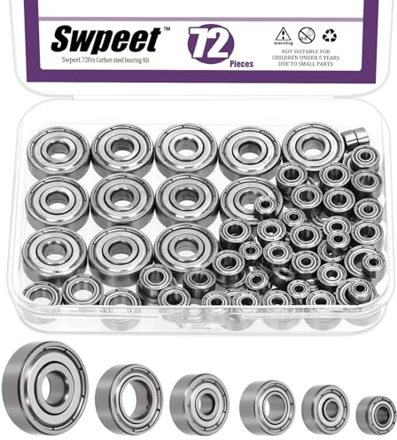 Swpeet 72Pcs 6 dimensioni 693ZZ, 623ZZ, 624ZZ, 685ZZ, 687ZZ, 627ZZ Kit assortimento cuscinetti a sfere, cuscinetti a scanalatura profonda in acciaio al carbonio, doppio schermato ﻿