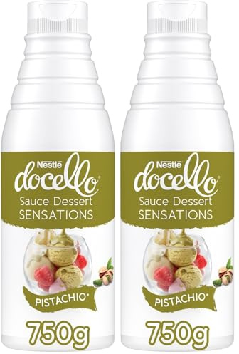 NESTLE DOCELLO Sauce Sensation Pistachio - Sauce Dessert Pistache - Forte Teneur en Pistache (12%) - Aide à la Pâtisserie, Topping, Nappage Gâteau, Coulis - Bouteille Squeeze - 750g (Lot de 2)