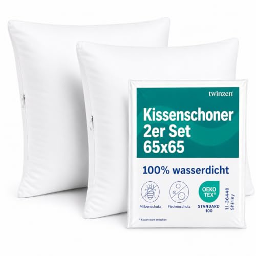 Twinzen Protector Almohada 65x65 cm Pack x2 Impermeable | Funda con cremallera · Protección antiácaros · Tejido transpirable · Lavable hasta 90°C · Certificación Oeko-Tex