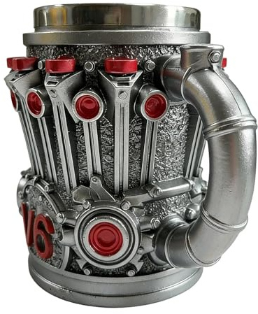 Generico Vaso de acero inoxidable con temática de motores - 350 ml - Vaso con mango para bebidas frías | Motor para vino, leche, cerveza, bebidas frías, chocolate caliente