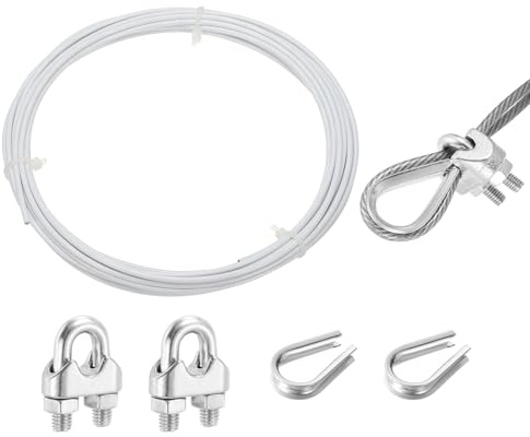 QUARKZMAN 5 Meter x 2mm Drahtseil Edelstahl, Stahlseil Spanndraht mit 2 x Drahtseilklemme und 2 x Kauschen, Edelstahlseil 304 Gardinenseil Wäscheleine für Kletterpflanzen, Weiß