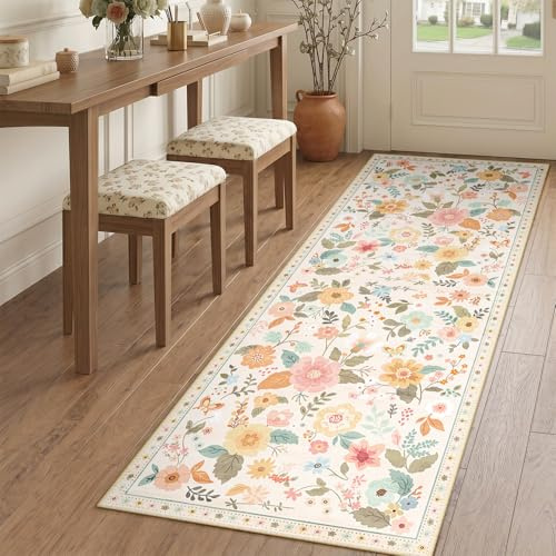 DEFYNEE Teppich Läufer Flur 60x180cm Cremefarben, Waschbar Teppichläufer | Boho Vintage Blumenmuster Läufer Teppiche, Waschbarer Rutschfester Kurzflor Weich für Küche Eingang Schlafzimmer & Korridor