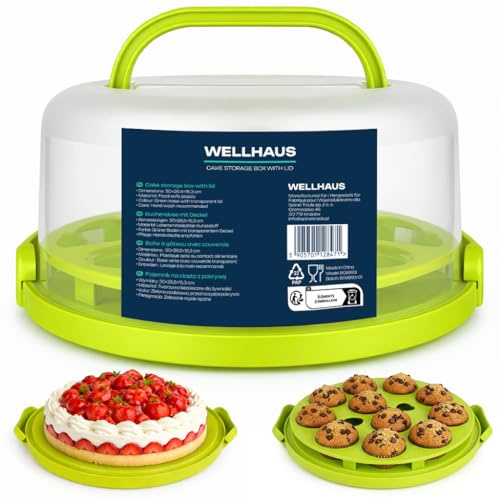 WELLHAUS Kuchen Transportbox mit Deckel - Torten Transportbox für Kuchen Blechkuchen Muffins & Cupcakes, Torte Kuchenbehälter mit Haube aus Kunststoff Passend (Grün, Rund 30 x 15,3 cm)