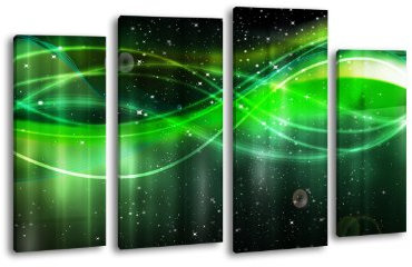 Leinwandbild Grünes Neonlicht LW386 Wandbild, Bild auf Leinwand, 4 Teile, 180x100cm, Kunstdruck Canvas, XXL Bilder, Keilrahmenbild, fertig aufgespannt, Bild, Holzrahmen, Abstrakt, Nacht, Licht,