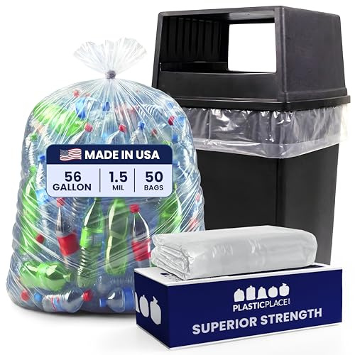 Plasticplace W56LDC1 Bolsas 56 galones | 1,5 milímetros | Forros resistentes transparentes, se adapta a latas de basura de glotón | 43 x 46 pulgadas (100 unidades), 56 Gallon Glutton