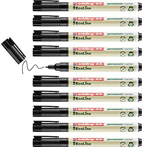 edding 25 Ecoline Permanentmarker - schwarz - 10 Stifte - Rund-Spitze 1 mm - schnell trocknender Permanent Marker - wasserfest, wischfest - für Karton, Kunststoff, Holz, Metall - Universalmarker
