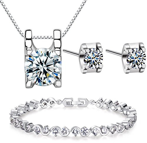 Kim Johanson Damen Schmuckset *Marie* in Silber I Halskette mit Anhänger & Ohrringen aus 925 Sterling Silber I Armband rhodiniert I Mit weißen Kristallen besetzt inkl. Schmuckbeutel