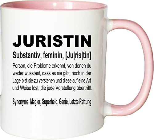 Mister Merchandise Becher Tasse Juristin Definition Kaffee Kaffeetasse liebevoll Bedruckt Geschenk Gag Job Beruf Arbeit Witzig Spruch Weiß-Rosa