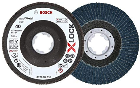 Bosch 1x Fächerschleifscheibe (X-LOCK, Ø: 115 mm, Körnung K40, Bohrung Ø 22,23 mm, abgewinkelt, Professional Zubehör Winkelschleifer)