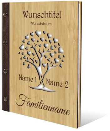 Kartenmachen.de Stammbuch Gravur individuell Bambus Cover lasergeschnitten mit Echtleder Rücken und Extras Stammbuchformat hoch 175 x 220 mm - Herzbaum