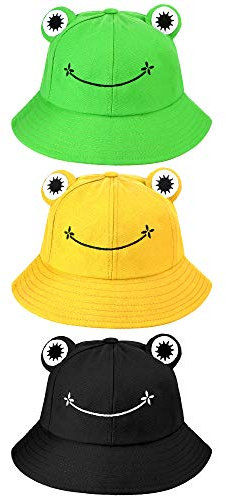 Syhood 3 Stücke Erwachsene Süß Frosch Eimer Hut Fischerhut Baumwolle Sonne Eimer Hut (Grün, Schwarz, Gelb, Erwachsene)