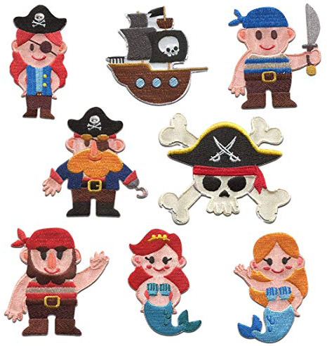 Catch the Patch Pirat Aufnäher Set 8 Stück zum Aufbügeln Bügelbild für Kinder mit Karibik Schatz Vintage Original, Bügelpatch Patches Bügelflicken Kindergeburtstag