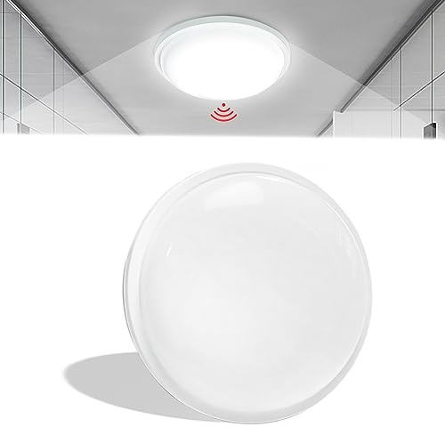 LZQ LED Deckenleuchte mit Bewegungsmelder 15W Radar Sensor Deckenlampe, IP44 1500lm für Flur, Treppe, Veranda, Garage, Carport, Balkon, Abstellraum φ22cm Rund - Weiß, 6000-6500k