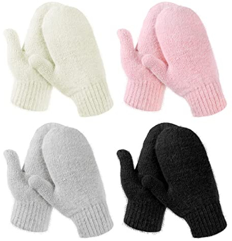Hicarer 4 Pairs Women Mittens for Women Adult Winter Ladies Mittens Knitted Gloves Warm Fleece Double Wool Gloves, Black, Grey, Light Grey, Camel, About 3.9 x 9 Inches