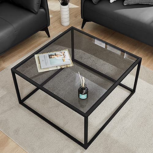 SAYGOER Couchtisch Schwarz Quadratischer Glastisch klein mit Metallgestell,Moderner Wohnzimmertisch aus, Stabiler Couchtisch für Büro, Balkon oder Wohnzimmer, 68x68x40 cm, Grau-Schwarz