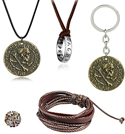 HJYZY 29 piezas de Uncharted 4 Drake joyas grabadas calavera bronce moneda colgante collar llavero calcomanía anillo colgante collar marrón cuero pulsera hombre