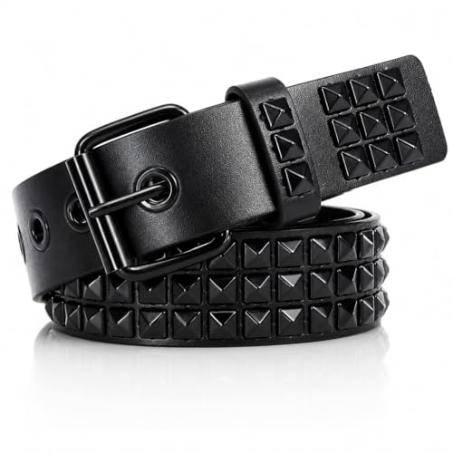 SNCEAW Studded Belt, Metal Punk Rock Rivet belt with Bright Pyramid Studded for Women Men (Luxury Black, Fit Pant 31-36 inch)