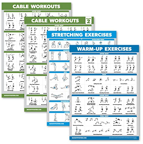 4er-Pack – Kabelmaschinen-Workout-Poster Band 1 & 2 + Dehnübungen + Aufwärmübungen