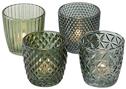 Seaside No.64 - Windlicht-Set 4 teilig aus Glas 7,5 x 7,5cm - Teelichthalter für Romantisches Ambiente - Kerzenständer mit verschiedenen Designs - Retro Kristall Ornamente - (Grün/Grau Mix, Set)