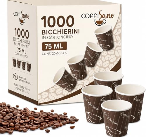 COFFISANO 1000 vasos de café de papel desechables, para oficina, bar, marrón, ecológico, compostable, vasos desechables para bebidas calientes, expreso, té, chocolate, 75 ml