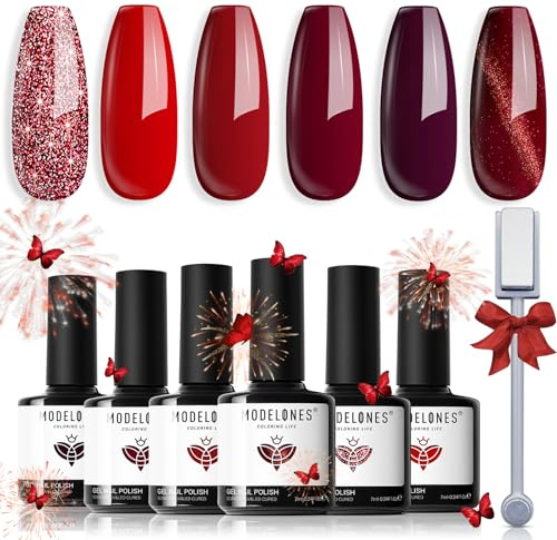 modelones UV Nagellack Rot, 6 Farben Cat Eye Rot Glitzer Burgunder Dunkel Gellack Nagellack mit Magnet, Gel Polish Set Gelnägel Set Soak Off Manicure Nail Art Salon DIY