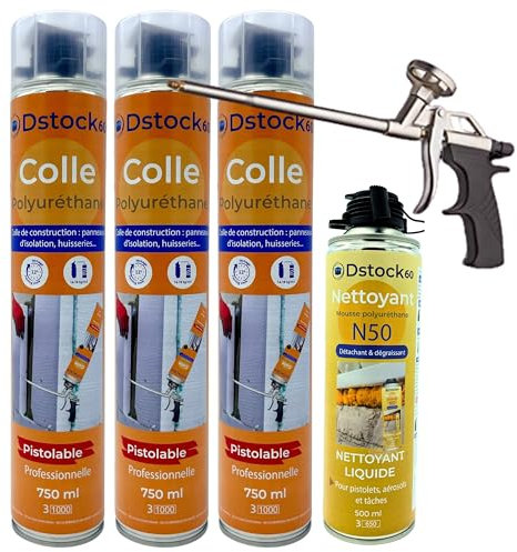 DSTOCK60 - Lot de 3 colles de montage polyuréthane + 1 pistolet + 1 nettoyant mousse - Mousse polyuréthane faiblement expansive pour le collage des panneaux isolants, rouleaux de bitume, huisseries