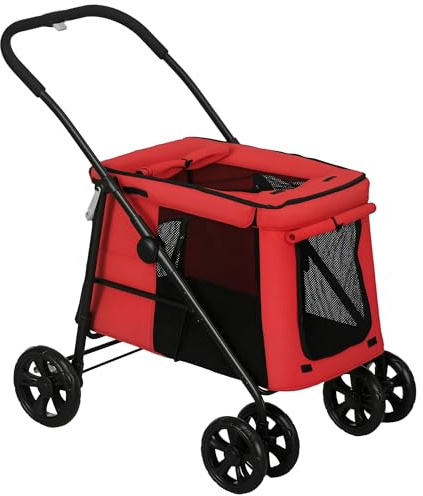 PawHut Carrozzina pieghevole per cani gatti cuscino incluso ruote con freno tessuto 600D Oxford acciaio 102 x 62 x 105 cm rosso