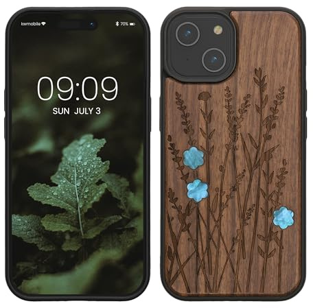 kwmobile Hülle kompatibel mit iPhone 15 Hülle - Holz Case - Handy Cover - TPU Handyhülle in Dunkelbraun Perlmutt-Lavendel