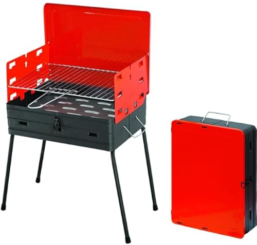 Barbecue Rettangolare Richiudibile a Valigetta, con Griglia in Acciaio, BBQ da Asporto, Portatile, per Campeggio Esterno Giardino Picnic, Carbonella, 33x43x48cm, Rosso