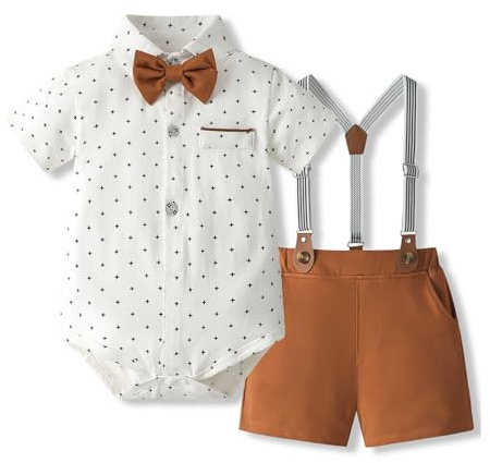 Volunboy Baby pojkar kostym set kläder skjorta med fluga hängslen shorts sparkdräkt kostym, Karamell, 9-12 månader