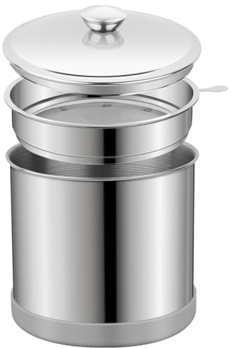 Ohtomber Contenedor de grasa de tocino de 1,2 L con colador de malla fina y silicona antideslizante, contenedor de filtro de almacenamiento de grasa para cocina, freidora usada