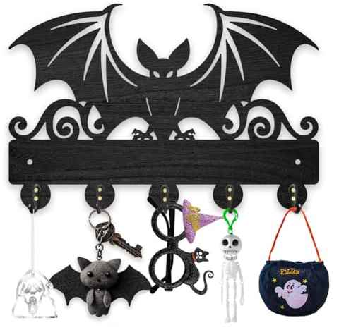 MAYJOYDIY Wood Bat Wall Key Hook - Animal Theme Mounted Key Holder 30×20cm - Art Decor Black Key Rack Organizer With 5 Alloy Hooks for Hallway, Office, Home Decor, Bag and Towel Hanging