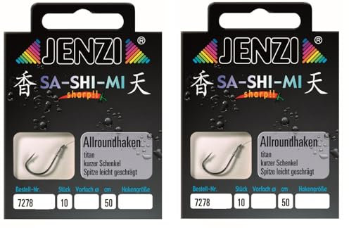 Set 2 Packungen gebundene Allroundhaken Angelhaken von JENZI (20 Stück), 50cm Hakengröße 2, 4, 6, 8, 10, 12,14 & 16 je nach Auswahl + gratis Petri Heill! Aufkleber (Hakengröße 4)