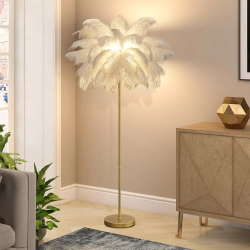 YQGOO Stehlampe Wohnzimmer mit Federn, Moderne Federlampe Gold Feder Lampe mit 3-Farbig Dimmbarem, 160cm Stehlampe Feder mit Fußschalter, Straußenfeder Lampe für Schlafzimmer (White)