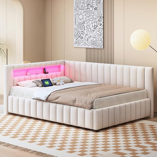 Kayan Polsterbett 140x200 mit LED und USB-Anschluss, Daybett Tagesbett Schlafsofa mit Lattenrost aus Holz, Sofabett Gästebett Jugendbett aus Samtstoff, Ohne Matratze (Beige)