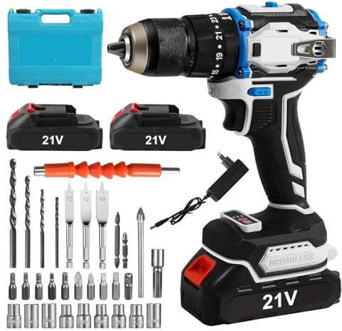Juego De Destornillador Inalámbrico De 21V Con 2 Baterías,Destornillador Eléctrico 3 IN1, Taladro Combinado y Juego De Destornillador Para Uso Doméstico Y Bricolaje (2 Baterías)