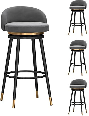 Farmhouse Küchen-Barhocker, 4er-Set, mit Rückenlehne und Samt, gepolsterte Sitzfläche, Thekenhöhe, 360° Drehhocker für Frühstücksbar, grauer Samtsitz mit schwarzen Metallbeinen, 65 cm Höhe